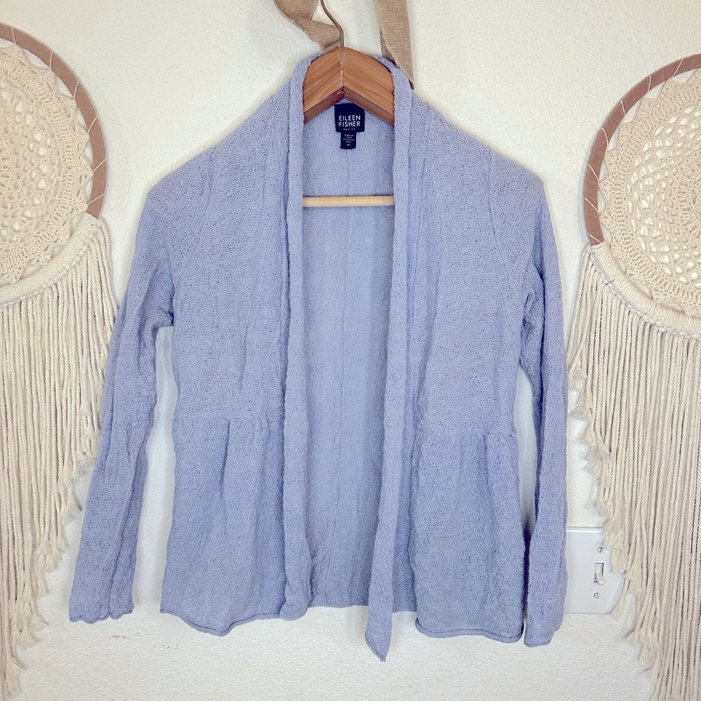 Eileen fisher gray blue textured knit wool open front cardigan petite XS